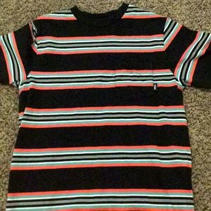 Pink blue white and black striped vans shirt